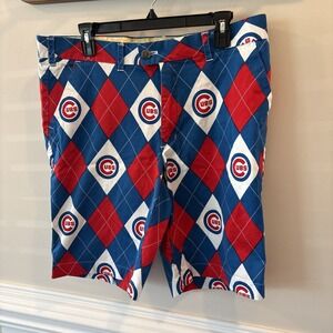 Loudmouth Golf Mens Sz 36 MLB Chicago Cubs Baseball Argyle Allover Print Shorts